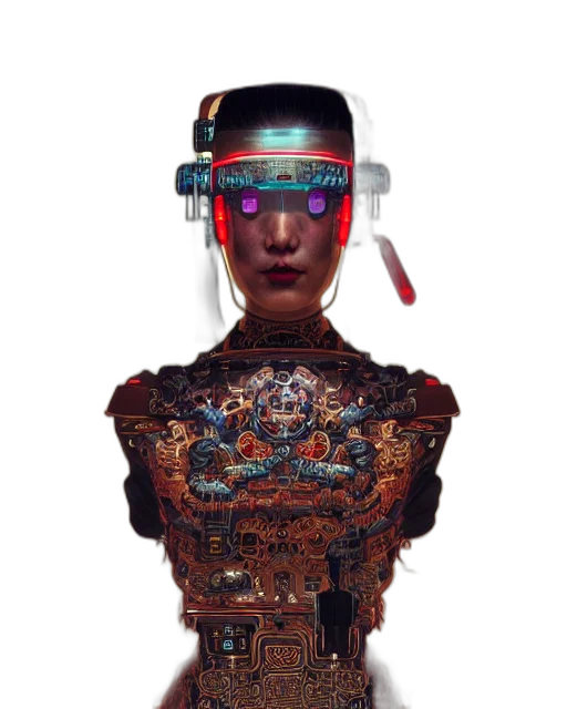 robot, mask, dress, face, cyberpunk, concept art, 3d render, portrait transparent PNG cut-out