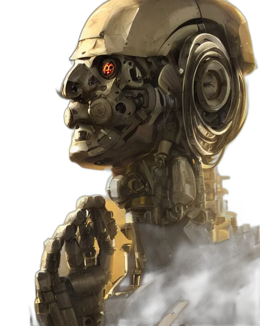 robot, face, mask, concept art, cyberpunk, fantasy art, 3d render, golden transparent PNG cut-out