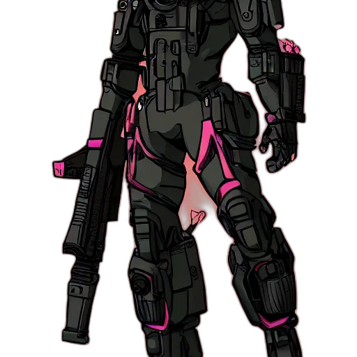 weapon, robot, cyberpunk, concept art, pixel art, comic book art, neon, dark transparent PNG cut-out