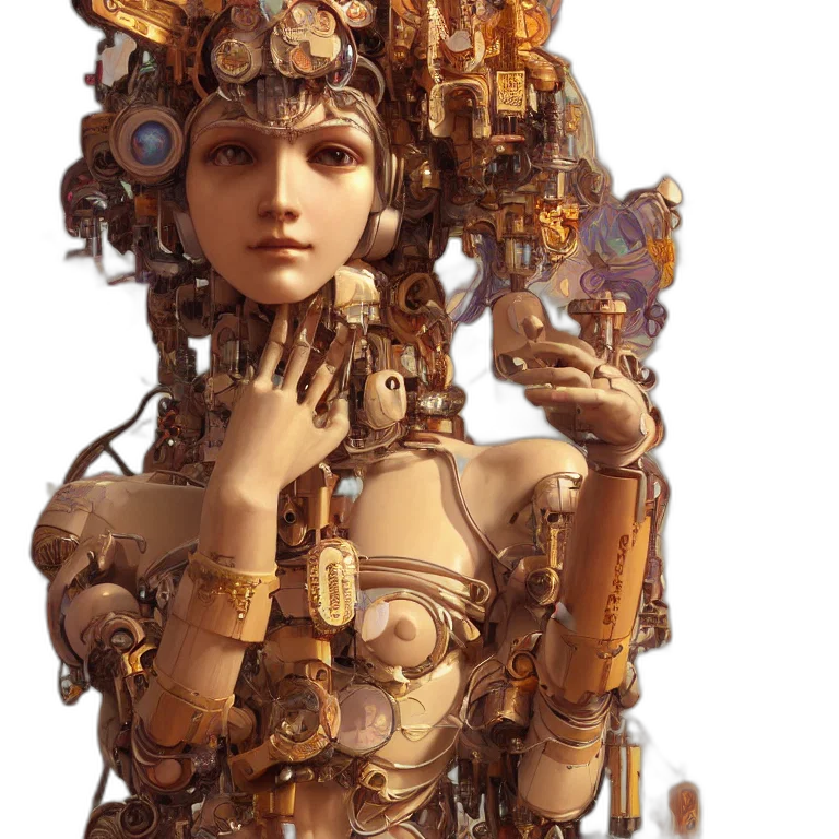 robot, crown, dress, jewelry, concept art, cyberpunk, fantasy art, 3d render transparent PNG cut-out