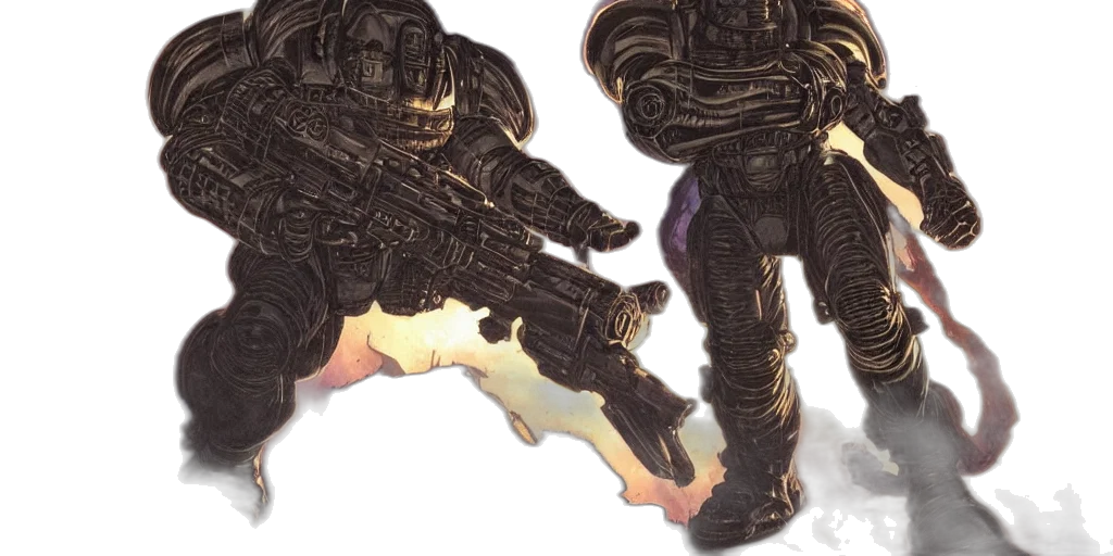 weapon, robot, concept art, 3d render, comic book art, fantasy art, outer space, dark transparent PNG cut-out