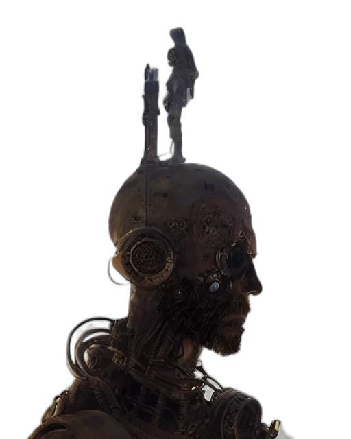 robot, crown, staff, mask, cyberpunk, 3d render, concept art, photorealistic transparent PNG cut-out