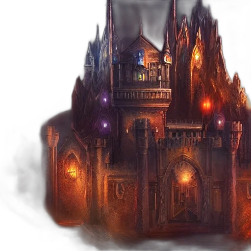 concept art, fantasy art, watercolor, 3d render, fire, fog, dark, castle transparent PNG cut-out