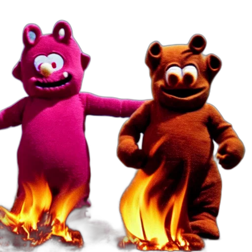 3d render, concept art, fire, ugly, teletubby, kids, burning, earth transparent PNG cut-out