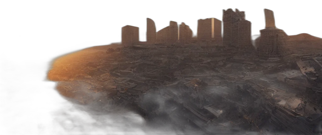 concept art, 3d render, photorealistic, fog, outer space, city street, fire, earth tones transparent PNG cut-out