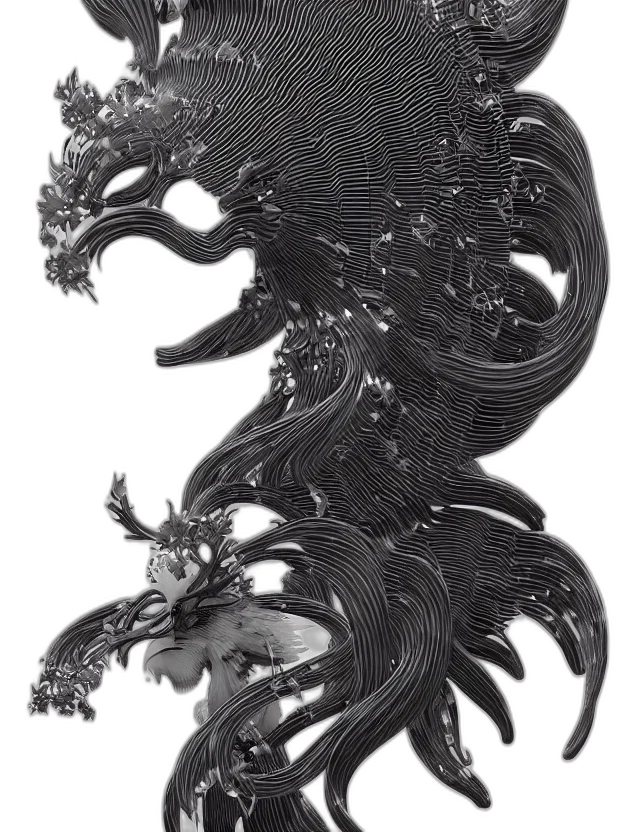 dragon, hair, creature, mask, concept art, 3d render, fantasy art, photorealistic transparent PNG cut-out