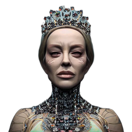 robot, crown, face, jewelry, cyberpunk, concept art, 3d render, photorealistic transparent PNG cut-out