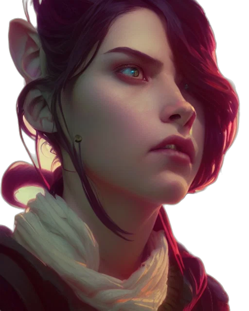 face, staff, jacket, cyberpunk, fantasy art, concept art, photorealistic, neon lights transparent PNG cut-out