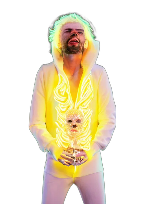 jacket, creature, staff, animal, concept art, cyberpunk, vaporwave, 3d render transparent PNG cut-out
