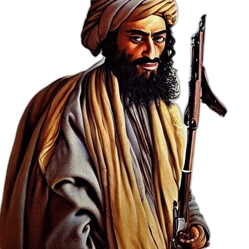 weapon, staff, face, photorealistic, oil painting, concept art, taliban, salvador transparent PNG cut-out