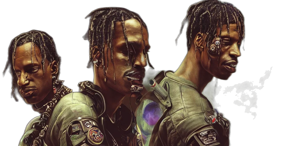 concept art, photorealistic, cyberpunk, comic book art, earth tones, travis, scott, yeat transparent PNG cut-out