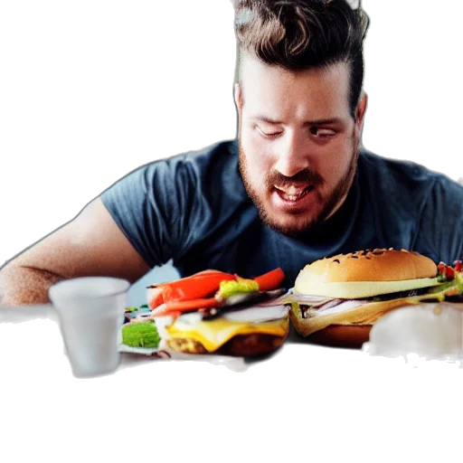 food, photorealistic, concept art, 3d render, photo, man, eating, burger transparent PNG cut-out