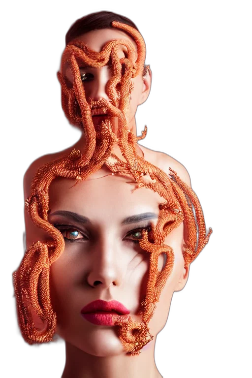hair, mask, creature, face, cyberpunk, 3d render, photorealistic, concept art transparent PNG cut-out