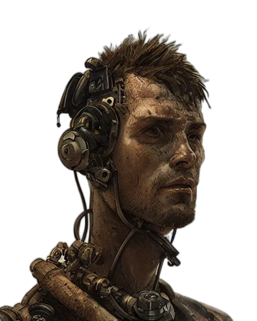 face, robot, staff, concept art, cyberpunk, photorealistic, fantasy art, earth tones transparent PNG cut-out