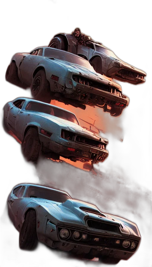 car, concept art, photorealistic, 3d render, fantasy art, fire, road, warrior transparent PNG cut-out