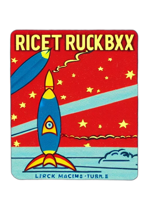 concept art, comic book art, cartoon, outer space, rocket, launch, matchbox, label transparent PNG cut-out