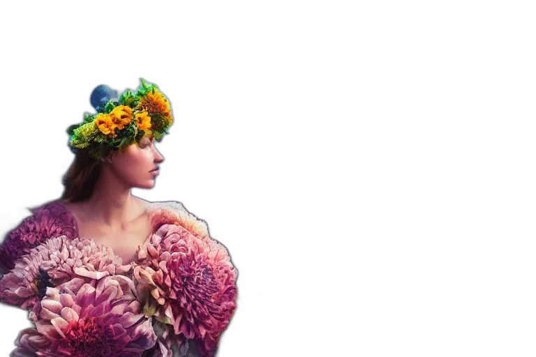 crown, dress, flower, hat, photorealistic, 3d render, concept art, watercolor transparent PNG cut-out