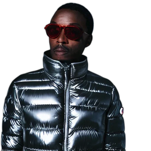 jacket, photo, black, man, silver, metallic, moncler, reflective transparent PNG cut-out
