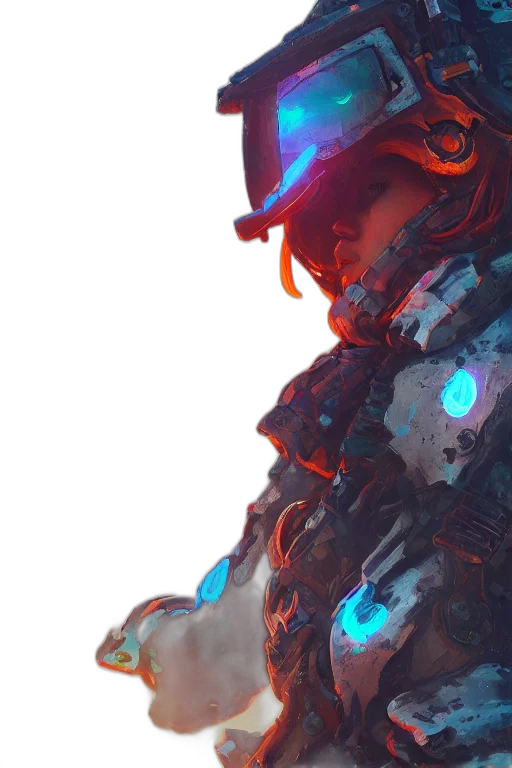 robot, face, weapon, jacket, cyberpunk, concept art, 3d render, vaporwave transparent PNG cut-out