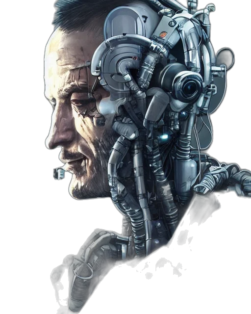 robot, face, cyberpunk, concept art, comic book art, 3d render, half, masked transparent PNG cut-out