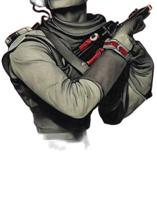 jacket, staff, mask, face, concept art, comic book art, cyberpunk, photorealistic transparent PNG cut-out