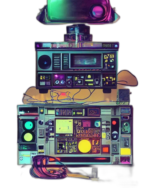 robot, weapon, staff, cyberpunk, concept art, pixel art, vaporwave, outer space transparent PNG cut-out