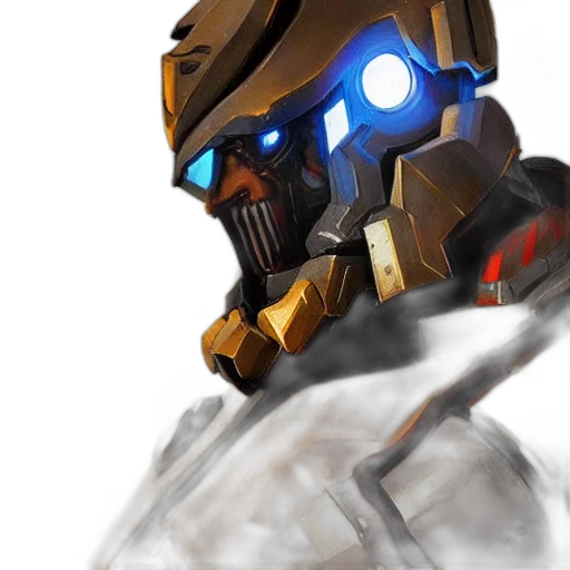 robot, weapon, mask, concept art, fantasy art, pixel art, 3d render, fog transparent PNG cut-out