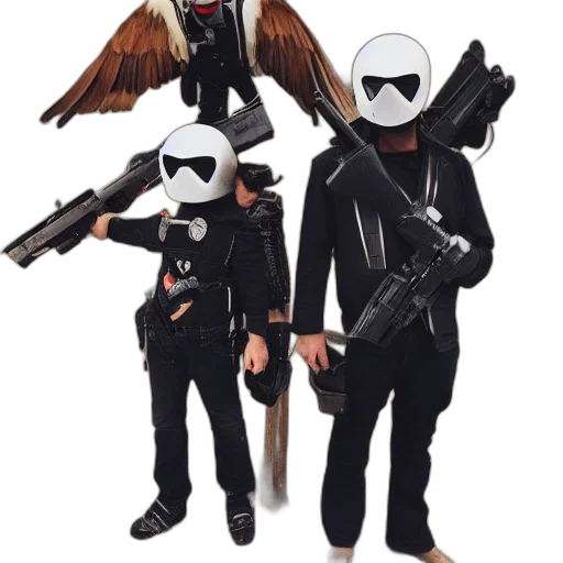 mask, staff, weapon, jacket, concept art, pixel art, 3d render, outer space transparent PNG cut-out