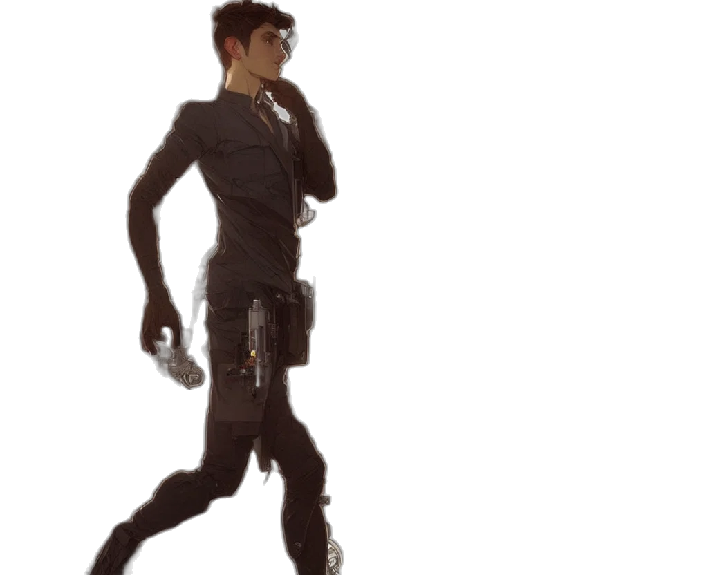 robot, creature, staff, jacket, concept art, cyberpunk, comic book art, fantasy art transparent PNG cut-out