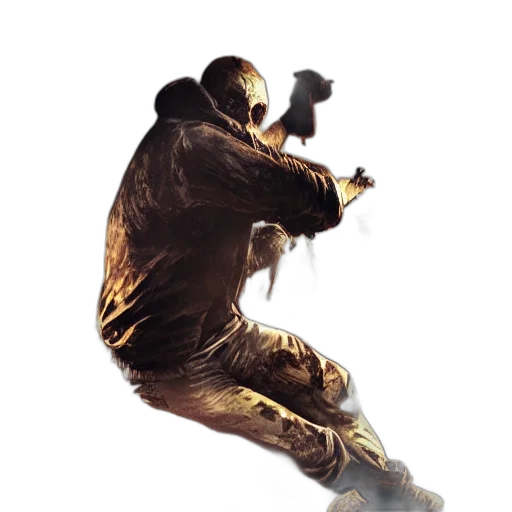 weapon, staff, jacket, mask, concept art, 3d render, photorealistic, pixel art transparent PNG cut-out