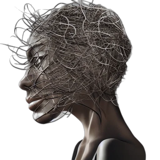 hair, mask, face, crown, 3d render, photorealistic, cyberpunk, concept art transparent PNG cut-out
