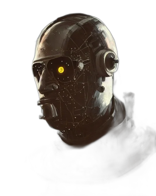 robot, mask, face, staff, concept art, cyberpunk, comic book art, photorealistic transparent PNG cut-out