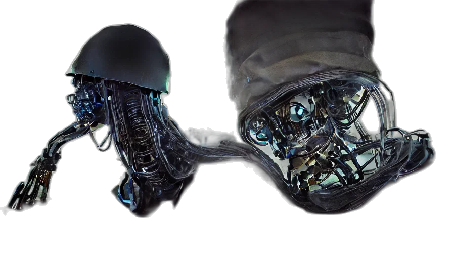 robot, creature, mask, weapon, concept art, cyberpunk, 3d render, photorealistic transparent PNG cut-out