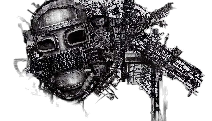 robot, mask, weapon, face, cyberpunk, concept art, comic book art, pencil sketch transparent PNG cut-out