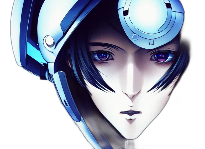 robot, face, anime, cyberpunk, concept art, comic book art, blue, symmetrical transparent PNG cut-out