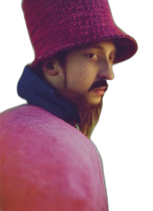 hat, jacket, face, staff, photorealistic, vaporwave, red, neon transparent PNG cut-out