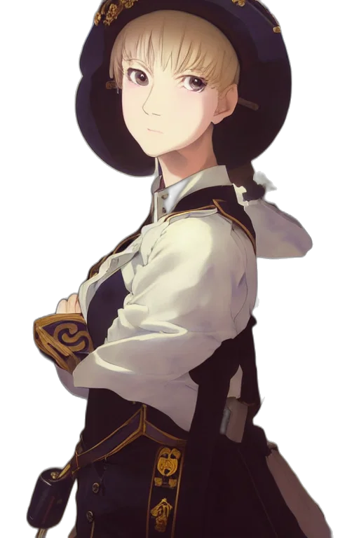 hat, staff, crown, jacket, anime, concept art, fantasy art, pixel art transparent PNG cut-out