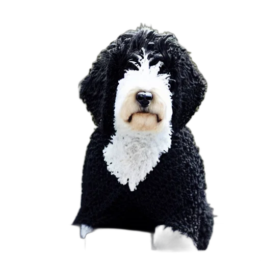 animal, jacket, monochrome, closeup, photorealistic, illustration, knitted, bernedoodle transparent PNG cut-out