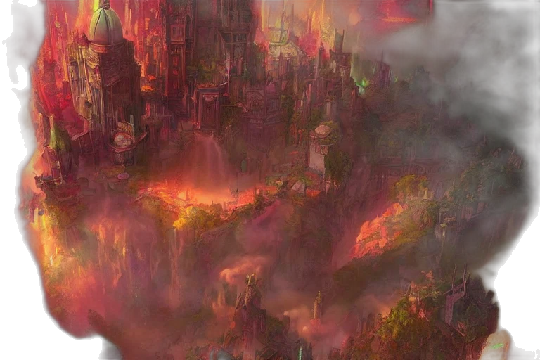 concept art, fantasy art, comic book art, cyberpunk, fire, outer space, fog, city street transparent PNG cut-out
