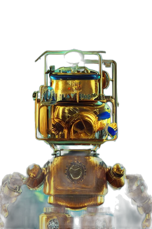 robot, weapon, mask, crown, concept art, fantasy art, 3d render, photorealistic transparent PNG cut-out