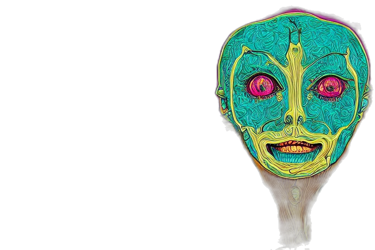 mask, face, creature, concept art, outer space, bright, teal, magenta transparent PNG cut-out