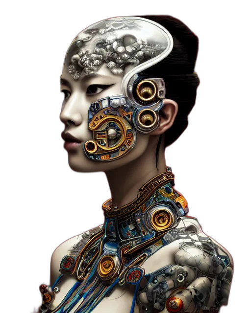 robot, jewelry, face, mask, cyberpunk, concept art, photorealistic, fantasy art transparent PNG cut-out