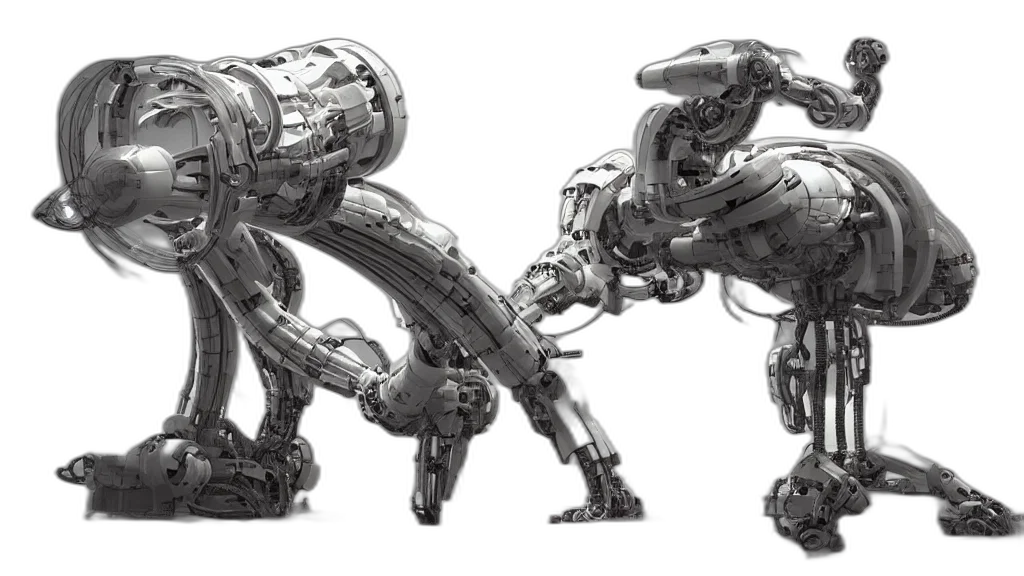 robot, weapon, creature, concept art, cyberpunk, 3d render, fantasy art, monochrome transparent PNG cut-out