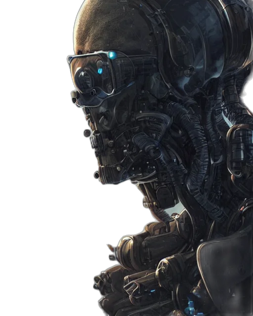 robot, cyberpunk, concept art, 3d render, rugged, research, engineer, man transparent PNG cut-out