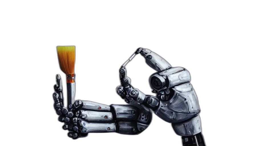 robot, cyberpunk, hand, holding, paint, brush, photorealistic transparent PNG cut-out