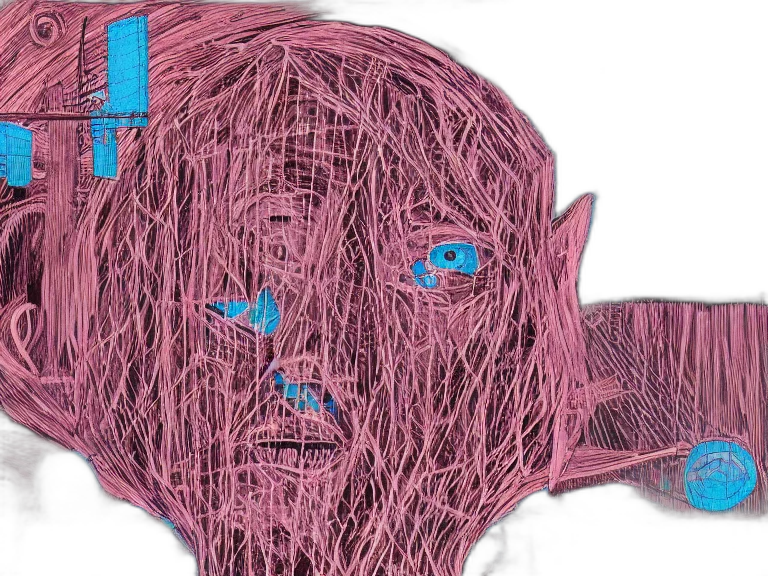 mask, hair, face, creature, comic book art, concept art, vaporwave, cinematic transparent PNG cut-out