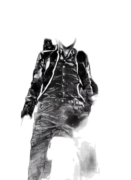 jacket, mask, creature, weapon, concept art, photorealistic, comic book art, pencil sketch transparent PNG cut-out