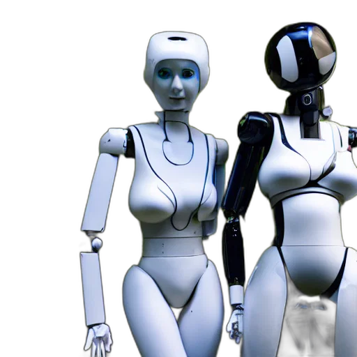 robot, 3d render, concept art, cyberpunk, two, humanoid, robots, making transparent PNG cut-out