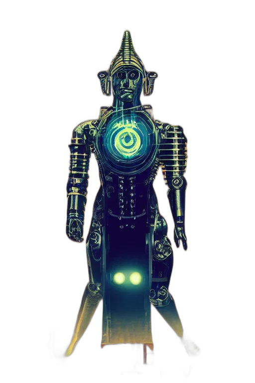 robot, staff, dress, cyberpunk, concept art, 3d render, pixel art, green transparent PNG cut-out
