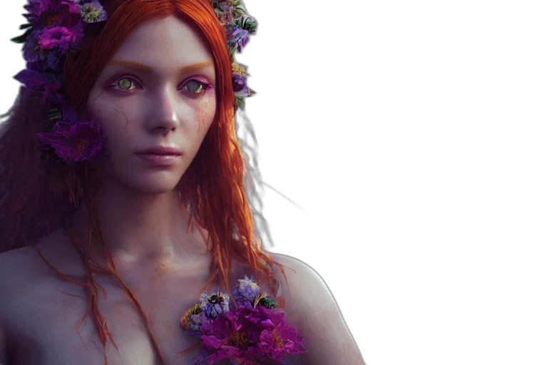 fantasy art, concept art, photorealistic, 3d render, colorful, red, goddess, flower transparent PNG cut-out